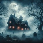 Spooky moor in the fog with witches house, mystical.jpg