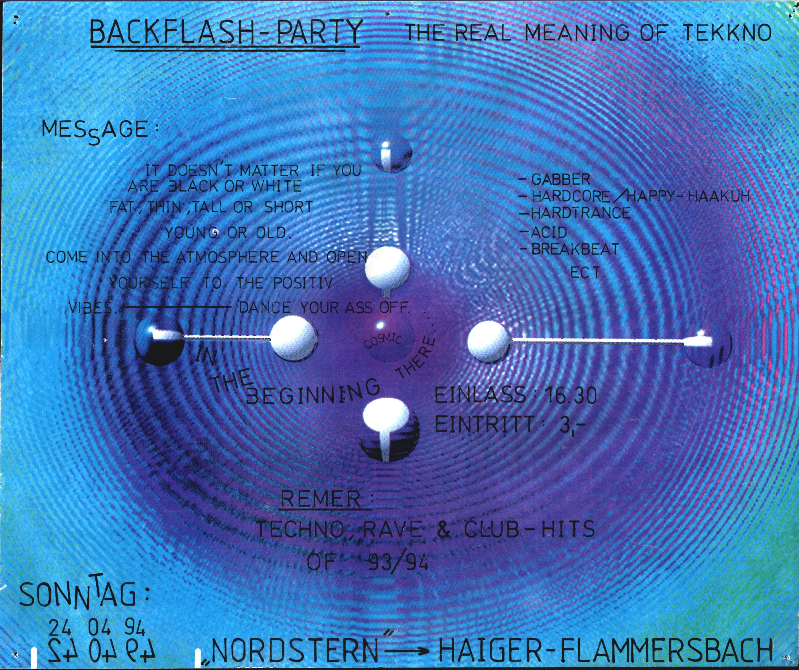 Flyer Backflash Party, 24.04.1994 (6 Tage vor der Mayday Rave-Olympia)